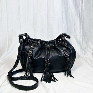 B Makowsky Black Leather Tassel Cross Body Drawstring Hobo Bag